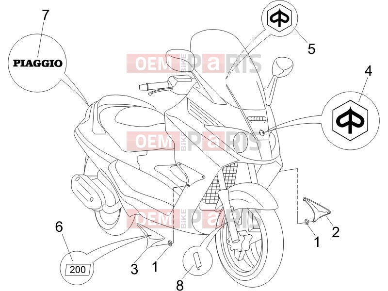 PIAGGIO X8 200 Frame - Plastic parts - Coachwork » Plates - Emblems