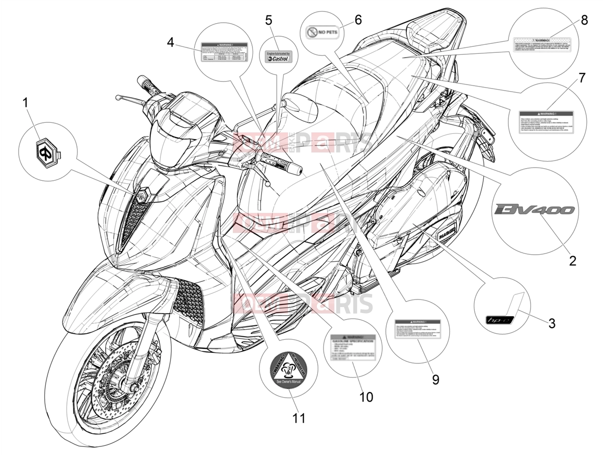 PIAGGIO BV 400 Deep Black E5 (CA, USA) Frame - Plastic parts - Coachwork » Plates - Emblems